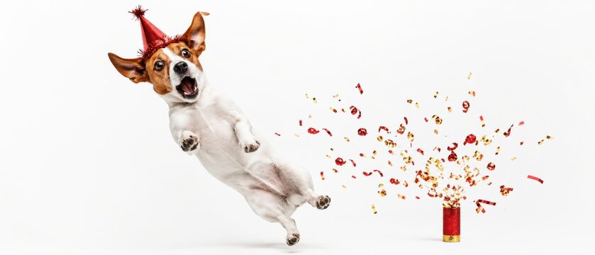energetic jack russell terrier wearing red party hat jumping beside exploding confetti popper on white studio background