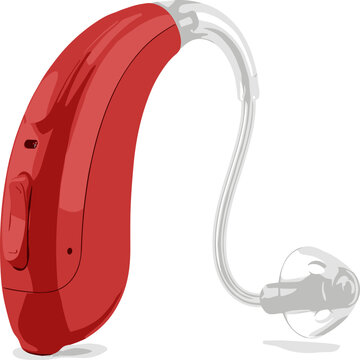 Red behindtheear hearing aid device for hearing loss
