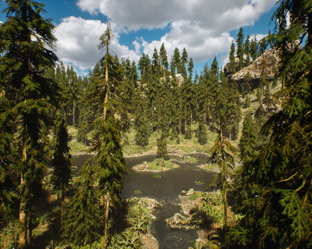 Creek between fir trees in mountains under a blue sky with clouds. 3D rendered still image.