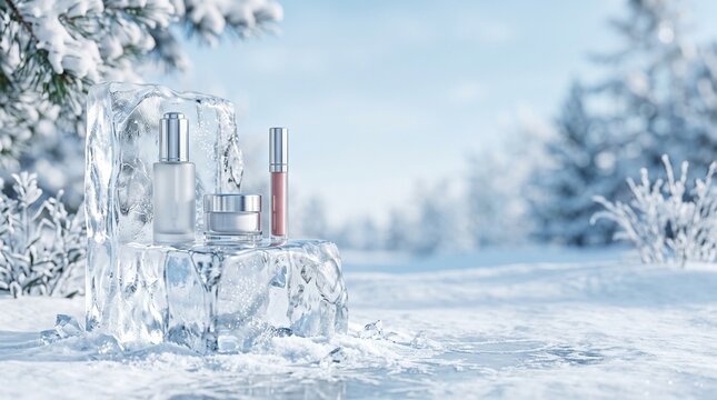 Minimalist 3D product podium icy pale blue winter wonderland background crystal ice block display stand premium holiday mockup