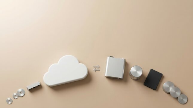 Cloud computing concept with electronic gadgets on a beige background