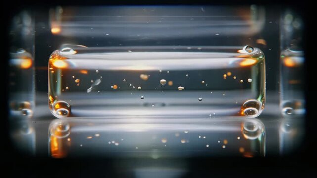 Liquid sample flowing macro slide view inside clear glass chamber, tiny particles and fluid channels for laboratory testing, microscopy research, chemical analysis, and biomedical diagnostics