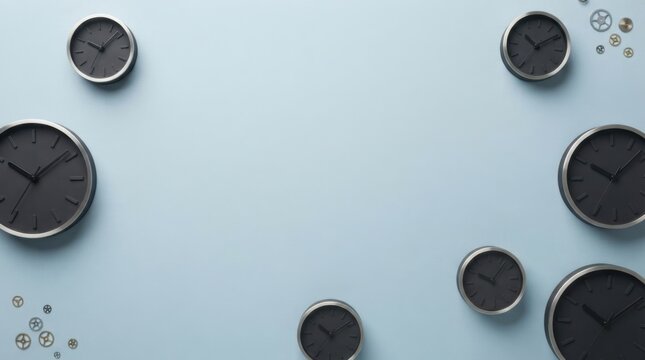 Black wall clocks arranged on a light blue background with gear parts