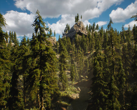 Creek between fir trees in mountains under a blue sky with clouds. 3D rendered still image.