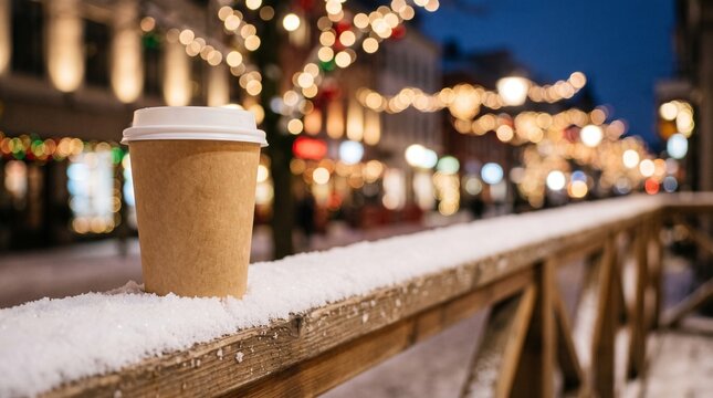 Close up blank paper takeaway coffee cup on snowy wooden railing blurred festive city street lights bokeh winter holiday mockup