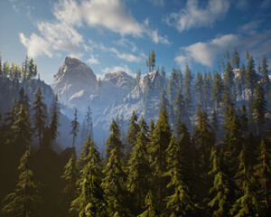 Obraz premium Fir trees in mountainous landscape in the mist. 3D rendered still image.