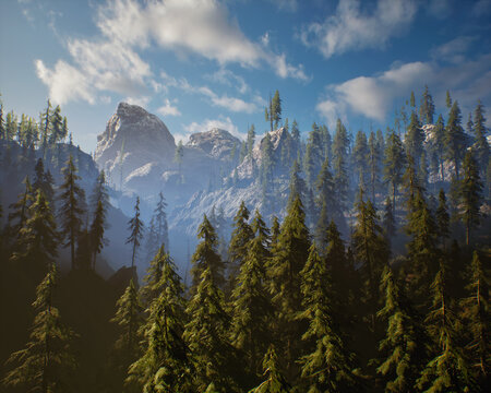 Fir trees in mountainous landscape in the mist. 3D rendered still image.