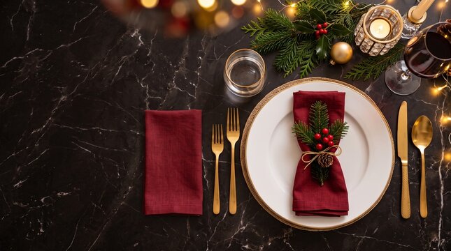 Top down flat lay elegant Christmas dinner table setting completely empty white plate gold cutlery red napkin presentation mockup