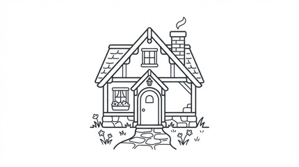Fototapeta premium Black and white line art drawing of a cozy cottage house with a stone path