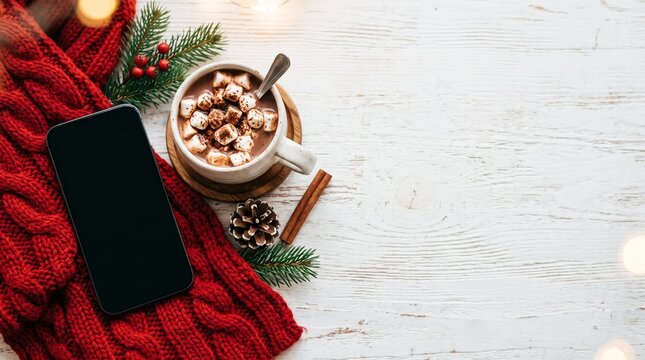 Top down flat lay blank smartphone with matte black screen red knitted scarf and hot chocolate on wooden surface Christmas mockup