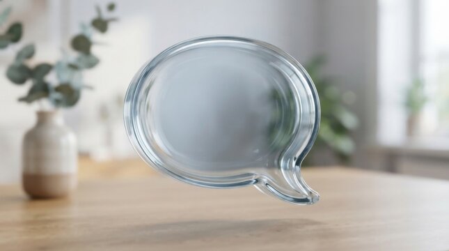 Clear glass speech bubble icon floating above a wooden table