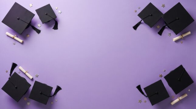 Black graduation caps and diplomas on a purple background
