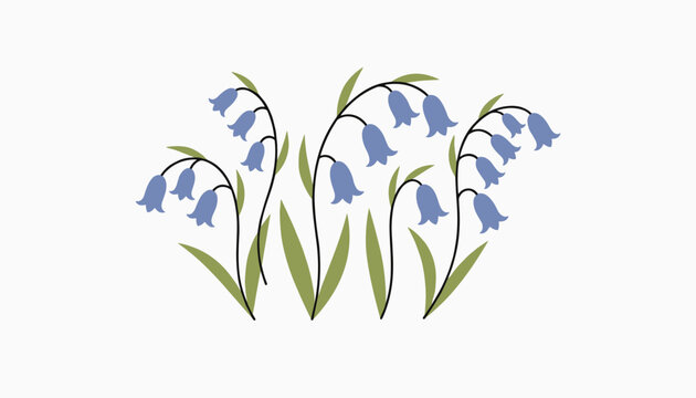 Elegant illustration of a cluster of blooming bluebell flowers with delicate green leaves on white background.