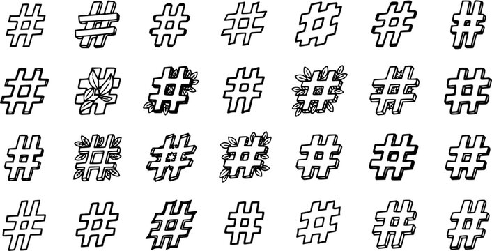 Collection of Hand-Drawn Hashtag Icons in Black and White Line Art Style for Social Media and Design