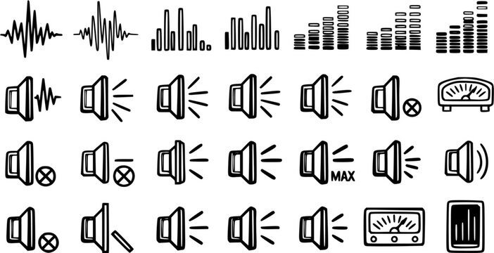 Black and White Line Art Icons for Audio and Sound Volume Control, Speakers, and Waveforms