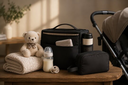 Black Friday baby gear sale with stroller and essentials on wooden table