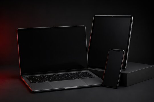 Laptop tablet and smartphone with blank screens for Black Friday technology sale