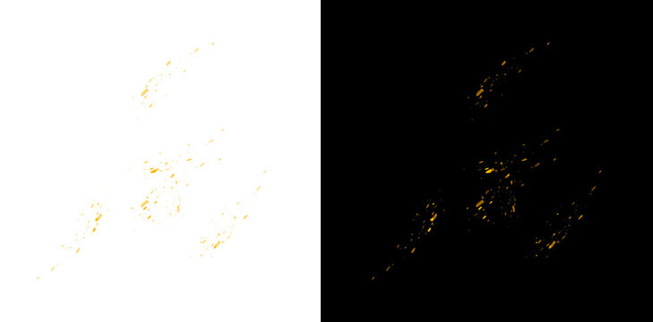 Abstract gold paint splash elements with liquid droplets and metallic spray pattern on transparent background.