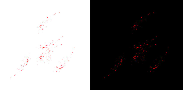 Abstract red blood splash elements with liquid droplets and spray pattern on a transparent background for design.