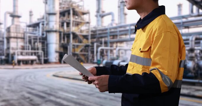 Industrial worker in yellow safety uniform holding a tablet at a refinery plant with pipes and processing equipment in the background.