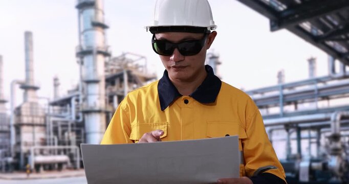 Industrial engineer in yellow safety uniform, hard hat and dark glasses reviewing documents at a refinery with pipes and processing equipment.