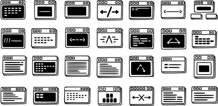 Hand-drawn Glyph Web Development and Programming Icons Set. Technology Browser Window UI Elements, Code, and Data Concepts in Black and White Doodle Style.