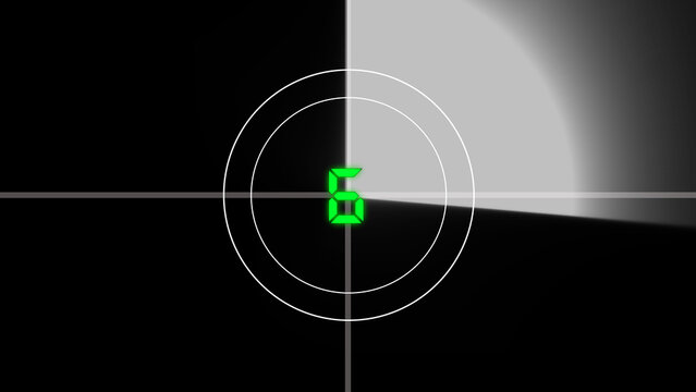 Vintage film countdown leader displays number 6 in retro cinema style. Classic film countdown leader marks start. Nostalgic film countdown leader for movie intros.