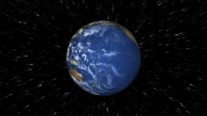 Fast moving planet Earth travels through cosmic space warp tunnel. Dynamic planet Earth visualizes travel. Cinematic planet Earth visual for science fiction movies. © BIJLI