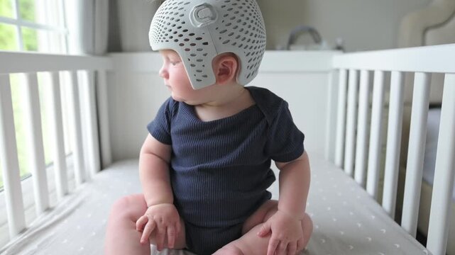 Baby in helmet sits on crib mattress, displaying a series of expressions and movements in a bright, cozy nursery environment
