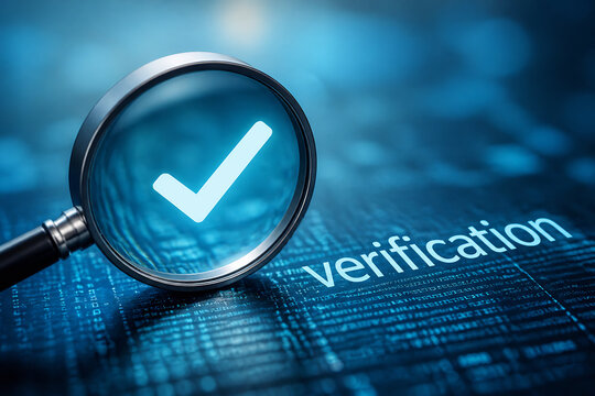 A magnifying glass with a checkmark over digital code representing verification in a blue, tech-themed setting.