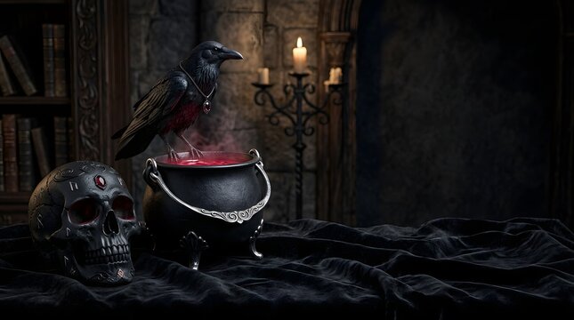 Black raven perched on iron cauldron with glowing red liquid in dark gothic library.