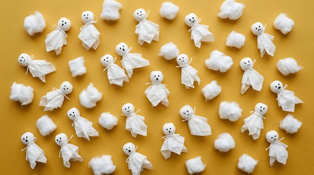 Little paper ghosts with funny expressions on mustard yellow background for kids crafts.