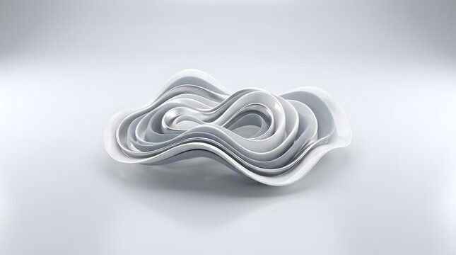Abstract white and gray flowing sculpture presents wavy 3d layers for minimalist architecture concept.