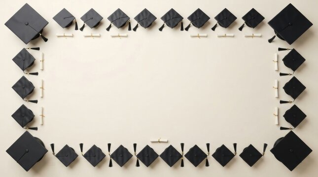 Black graduation caps arranged in a rectangular frame on white background