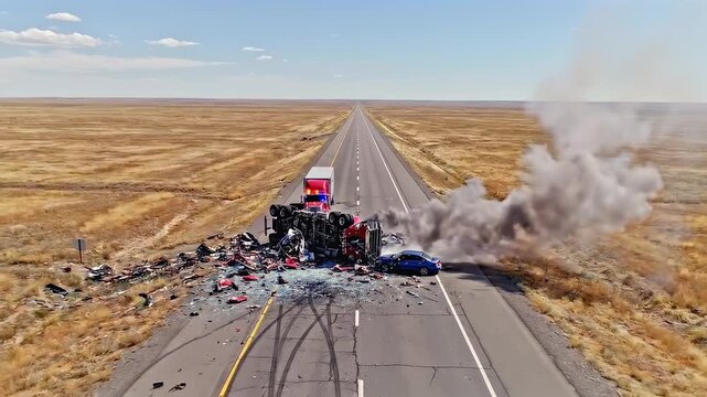 Highway accident smoking wide road view across open plain, crashed vehicles and debris trail for emergency response, insurance claims, traffic safety, and crash investigation reporting media