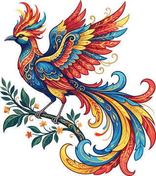 Vibrant mythical phoenix bird perched on a flowering branch with intricate colorful plumage.
