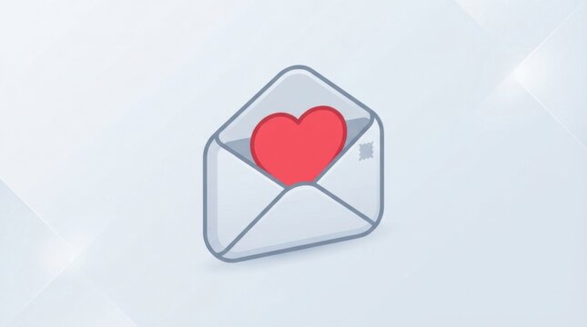 Open envelope with a red heart symbol inside on a white background