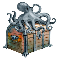 Watercolor gray octopus sitting on a wooden pirate treasure chest sea adventure illustration © Natali_Mias