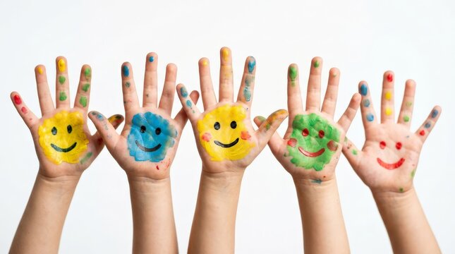 Five children raise their hands painted with colorful smiley faces against a white background in this kindergarten activity highlighting joy and creativity, underscoring the painted hands