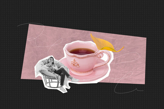 Sketch full poster artwork 3d photo collage of happy girl sit coach coffee cup dry foliage autumn season hot beverage warm latte