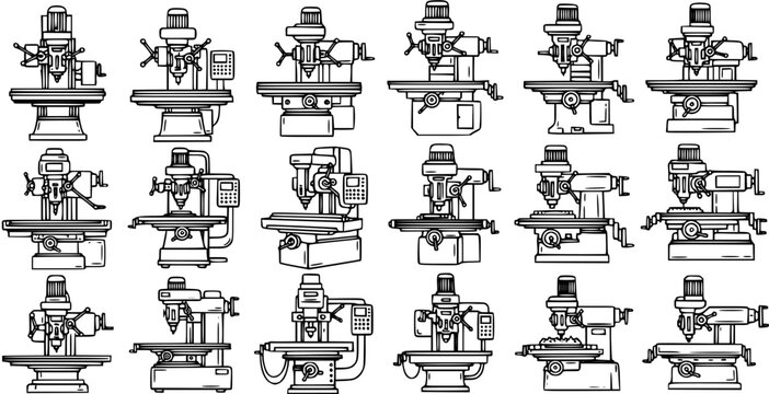 Black and White Line Art Illustration of Various Industrial Milling Machines for Metalworking
