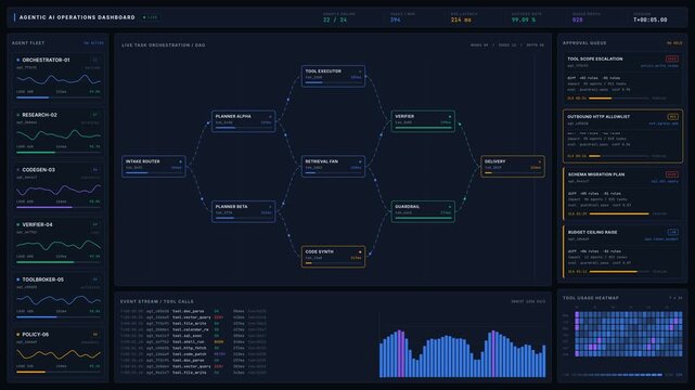 Explore the Agentic AI Operations Dashboard featuring a dark-mode interface with vibrant color-coded status indicators for live task orchestration and performance metrics.