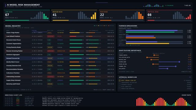 Dynamic AI Model Risk Management Dashboard featuring color-coded risk tiers and sortable model registry for effective data visualization and analysis in a sleek layout.