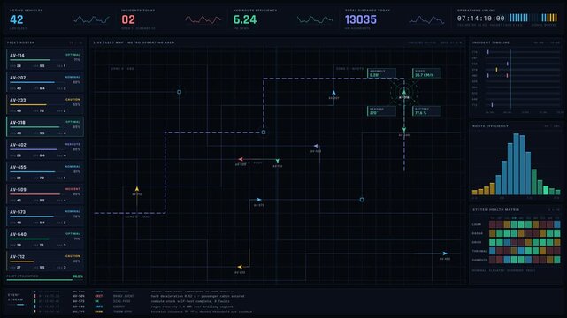 Explore the advanced features of an Autonomous Vehicle Fleet Operations Dashboard showcasing real-time telemetry, fleet roster, and incident management in a dynamic digital interface.