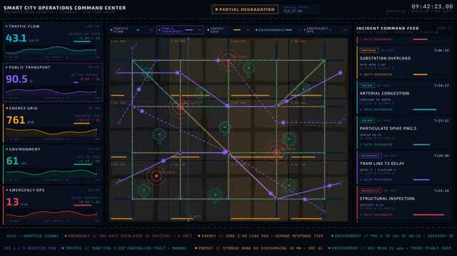 A futuristic Smart City Operations Command Center interface featuring a dynamic city map with data layers for traffic, transport, energy, environment, and emergency incidents.