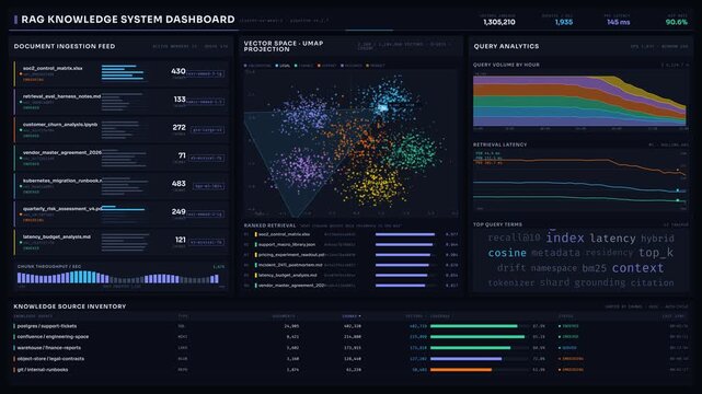 A detailed visualization of a RAG Knowledge System Dashboard featuring a 2D UMAP scatter plot, document ingestion feed, and query analytics for data-driven insights.