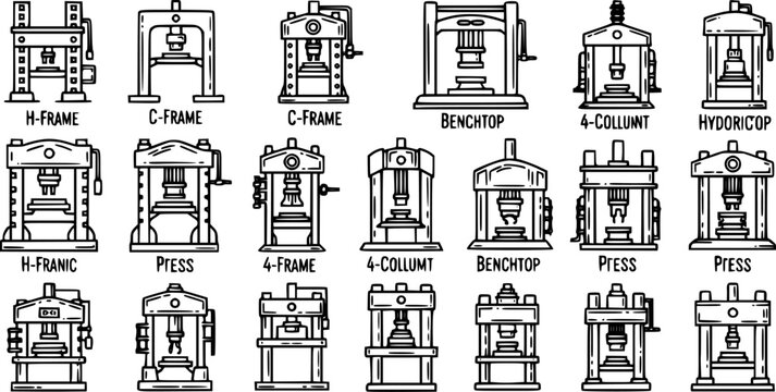 Black and White Line Art Illustration of Various Industrial Press Machine Types