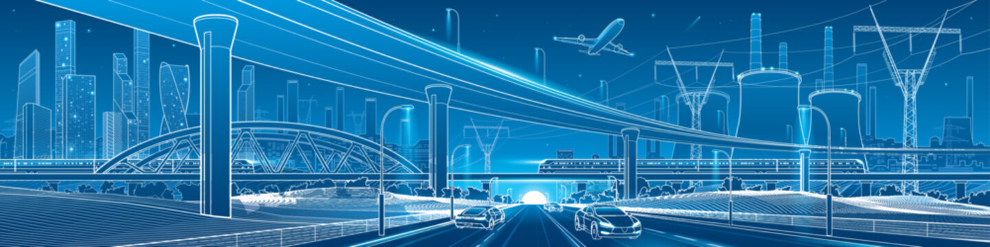 Futuristic smart city transportation panorama with elevated highways, high speed train, cars, airplane, modern skyline and industrial infrastructure. Blue technology vector illustration