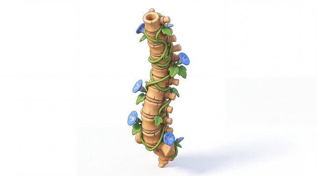 A creative artistic representation of a human spinal column entwined with delicate green vines and blooming blue flowers symbolizing the harmonious connection between nature and human anatomy. 3D