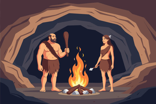 Prehistoric caveman and cavewoman stand near a glowing campfire inside their cave home dressed in simple animal skins.